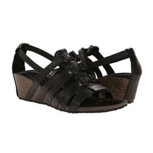TEVA Cabrillo Black Leather Wedge Sandals Gladiator Hook Loop Womens Size 9